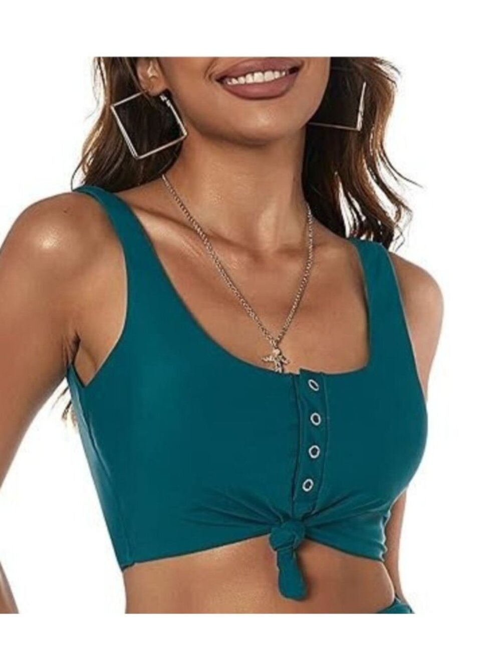 Zaful Womens Size 6 Teal Tankini Top Button Detail & Front Tie Stylish Swimwear